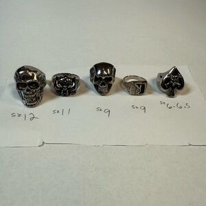 LOT* of 5 stainless steel men’s rocker/biker rings size 6.5-12 skulls/playboy